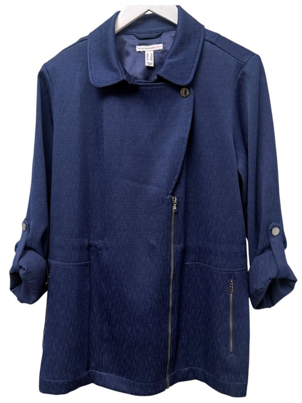 Isaac Mizrahi Live Jacket Womens Size 10 Navy Blue Moto Stretch Utility Blazer
